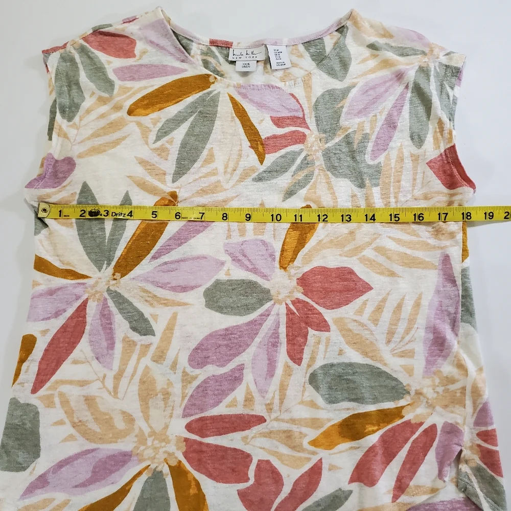 2558 * Nicole Miller Abstract Floral Linen Top Sleeveless Tan Green Red Size M - Picture 4 of 5